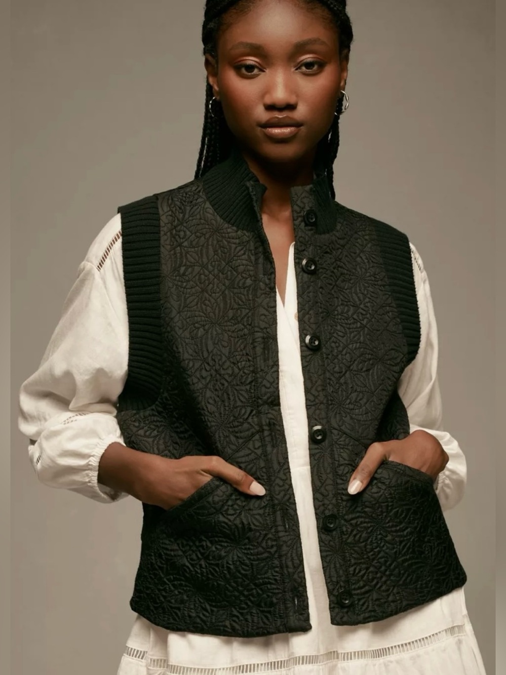 NEW Anthropologie Quilted Button Front Vest
Black Ribbed Collar Sleeves